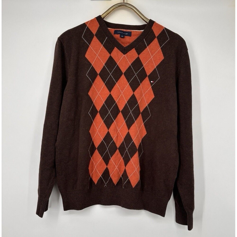 Vintage TOMMY HILFIGER MEN'S PULLOVER Sweater Brown Orange Long Sleeve V-NECK